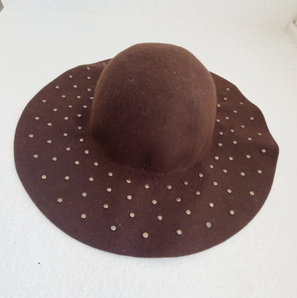 Tahari Chocolate Brown Studded Floppy 100% Wool Hat - Picture 1 of 8